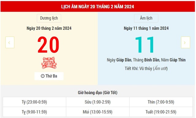  Lịch Âm hôm nay (20-2) và những thông tin tham khảo